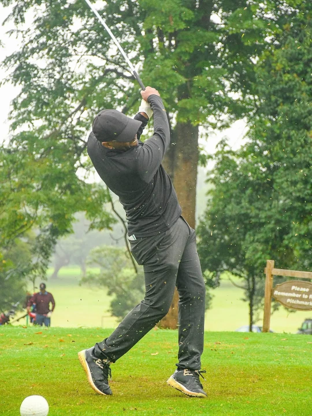 A golfer at the top of his swing beneath old trees, fairway stretching behind