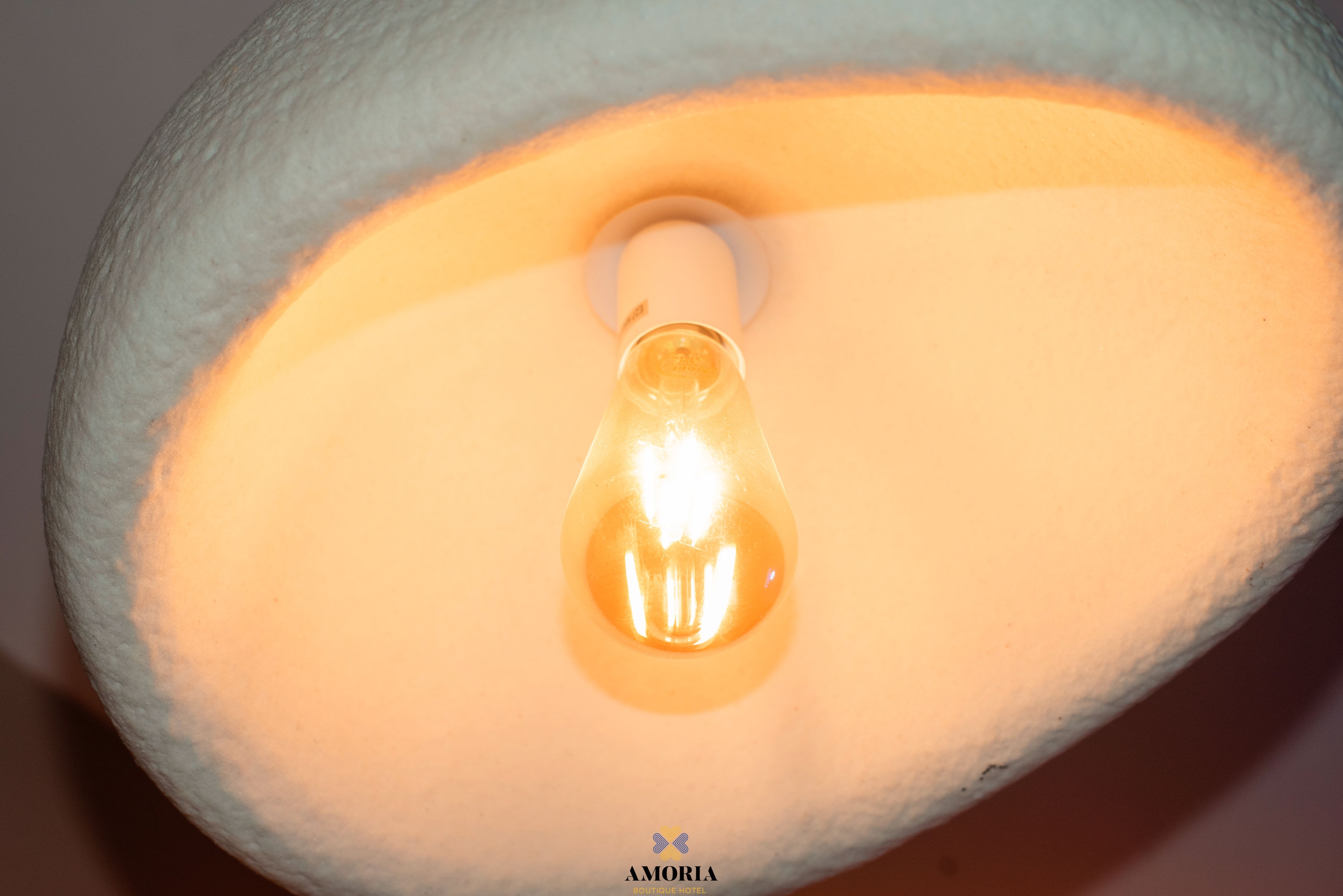 Warm filament bulb in a pendant lampshade