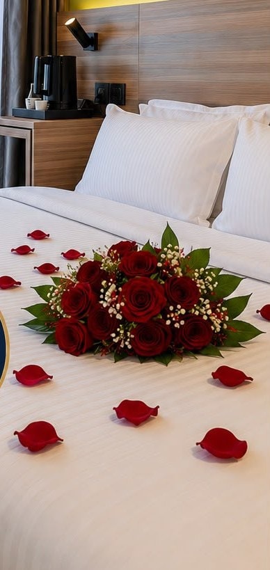 A bouquet of red roses and scattered petals on crisp white bedding