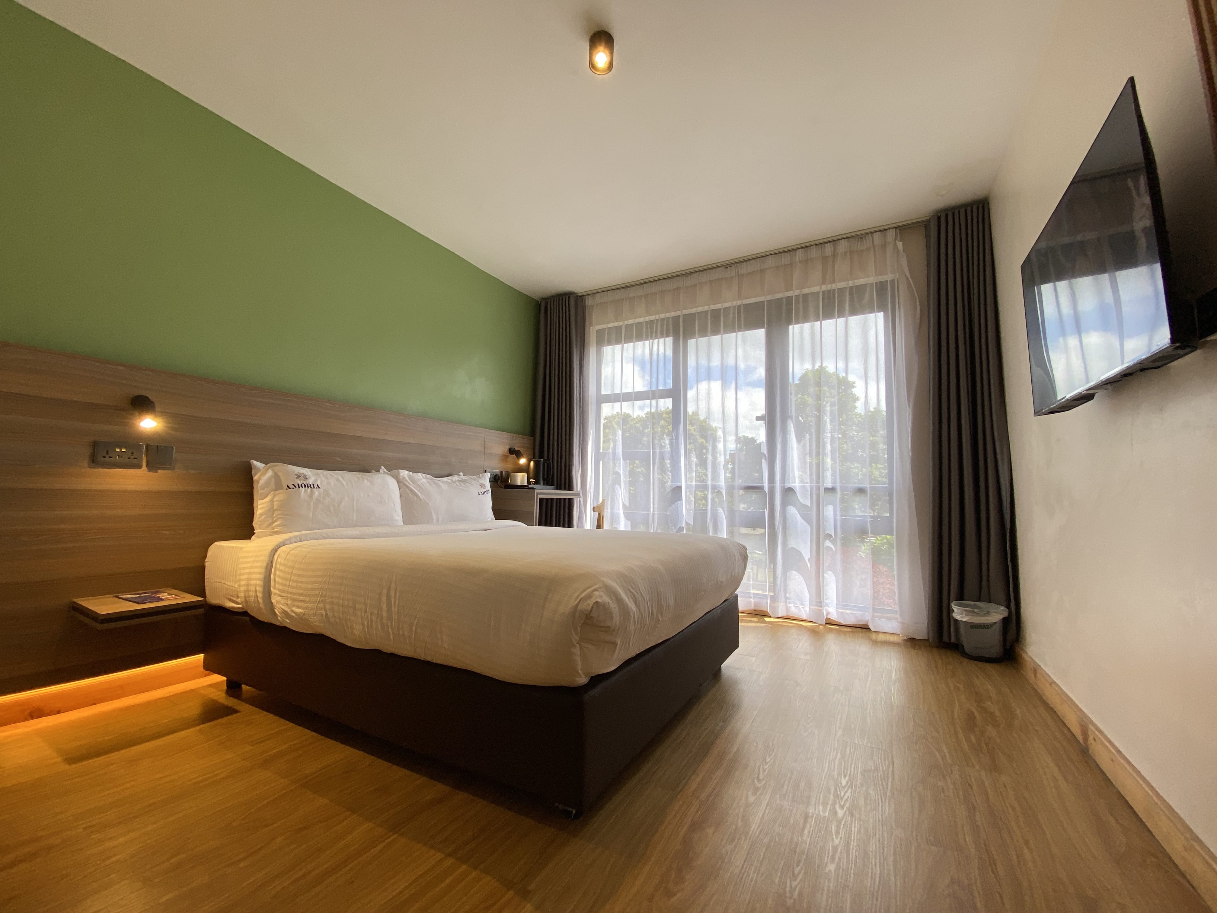Deluxe room with a made double bed against a green feature wall, sunlight through sheer curtains